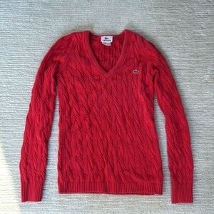 Lacoste Women's Red Cable Knit V-Neck Sweater